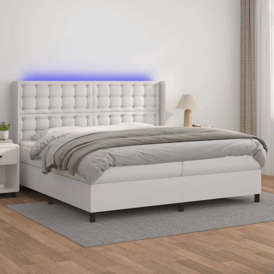 The Living Store Boxspring LED Pocketvering Kunstleer 203x203x118 128 cm Wit Boxspring Led Bed Pocketed Spring Mattress Kunstleder Bed Tweepersoons Bed
