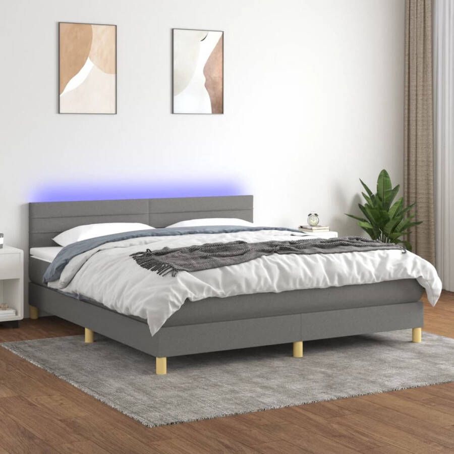 The Living Store Boxspring LED-Verlichting Donkergrijs 180 x 200 cm Inclusief Matras en Topmatras Boxspring Led Lamp Donkere Kleuren Tweepersoonsbed Grijs Bed