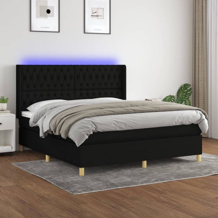 The Living Store Boxspring LED zwart 180 x 200 x 118 128 cm pocketvering matras huidvriendelijk topmatras met 2 LED-strips Boxspring Led Bed Slaapcomfort Pocketveer Matras Huidgevend Topmatras