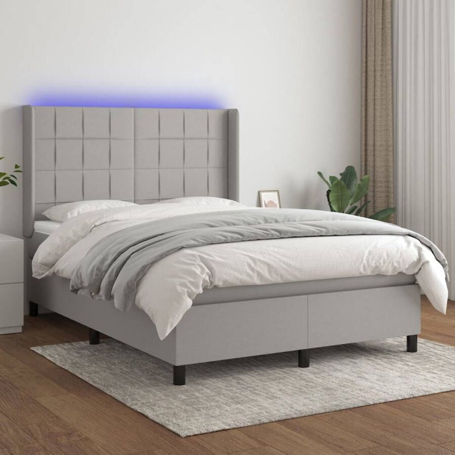 The Living Store Boxspring LichteGrijs 203x147x118 128cm Verstelbaar Hoofdbord Inclusief Matras en LED Boxspring Slaapcomfort Led Verlichting Grijs Bed Tweepersoons Bed