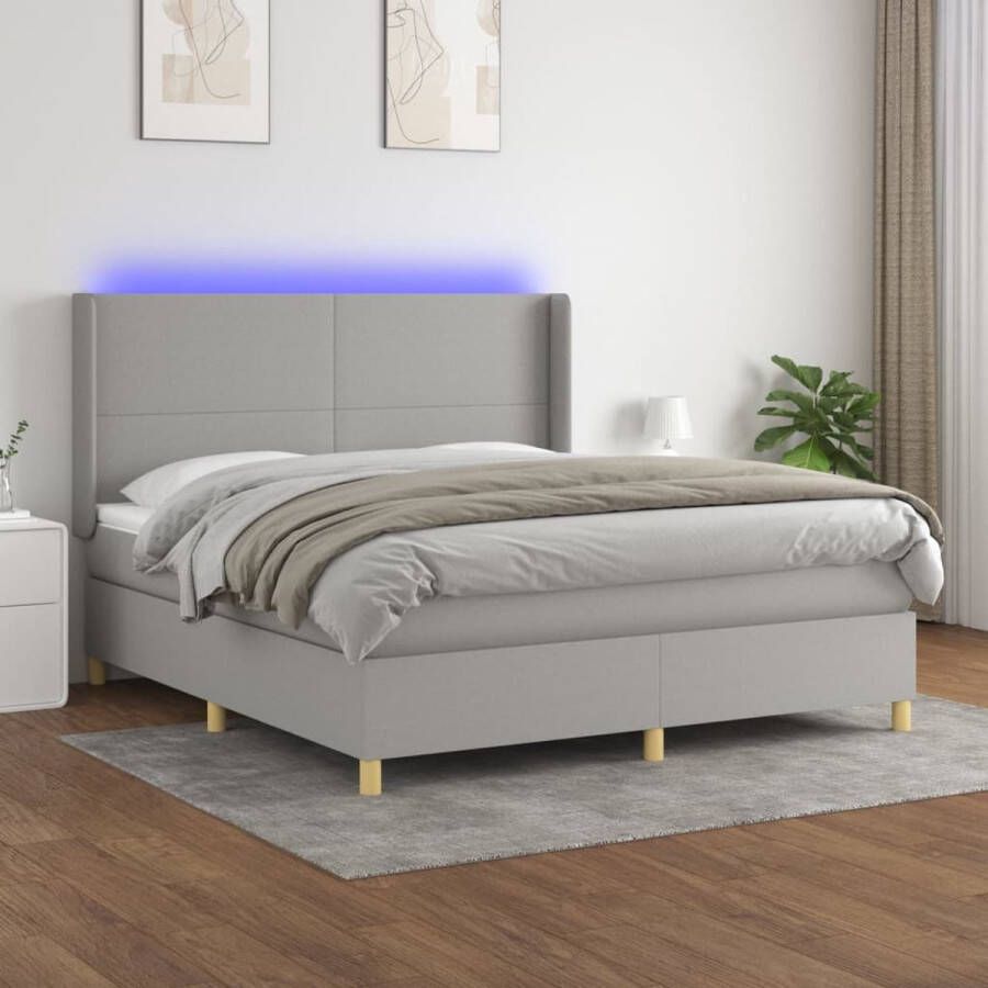 The Living Store Boxspring Lichtgrijs Bed 203x163x118 128 cm Pocketvering Matras LED-verlichting Boxspring Slaapcomfort Led Lamp Grijs Bed Tweepersoonsbed