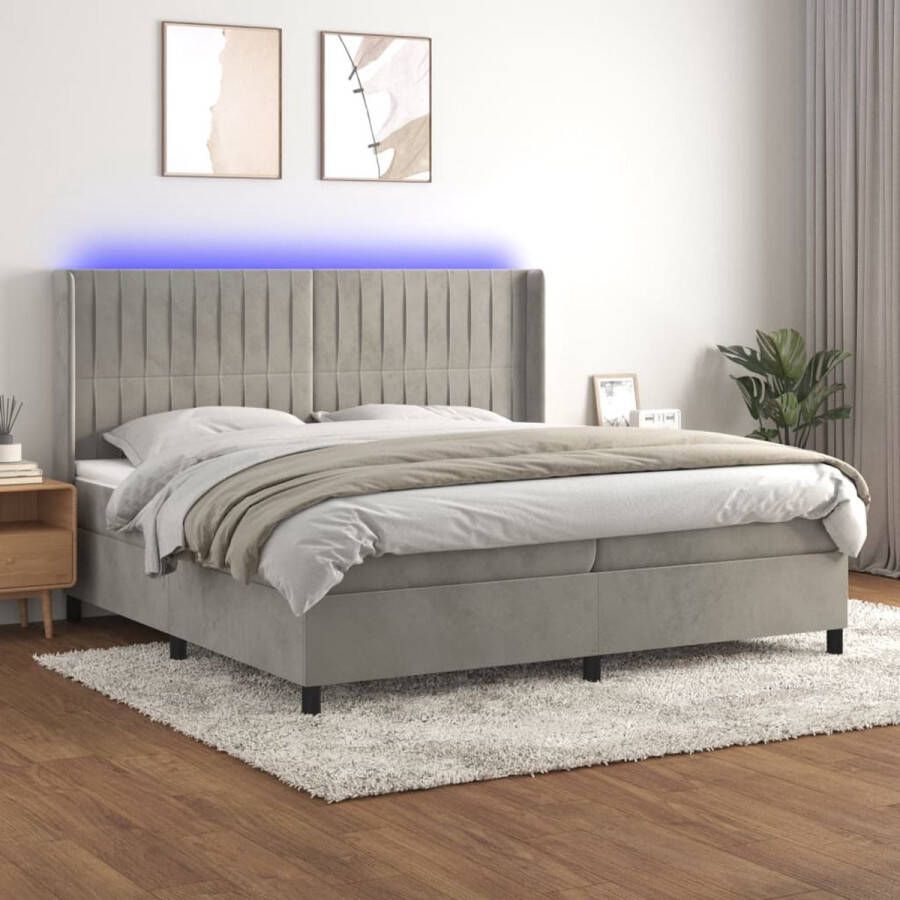 The Living Store Boxspring lichtgrijs fluweel Bedmatras- wit en lichtgrijs Bedtopmatras- wit LED-strip- 55 cm
