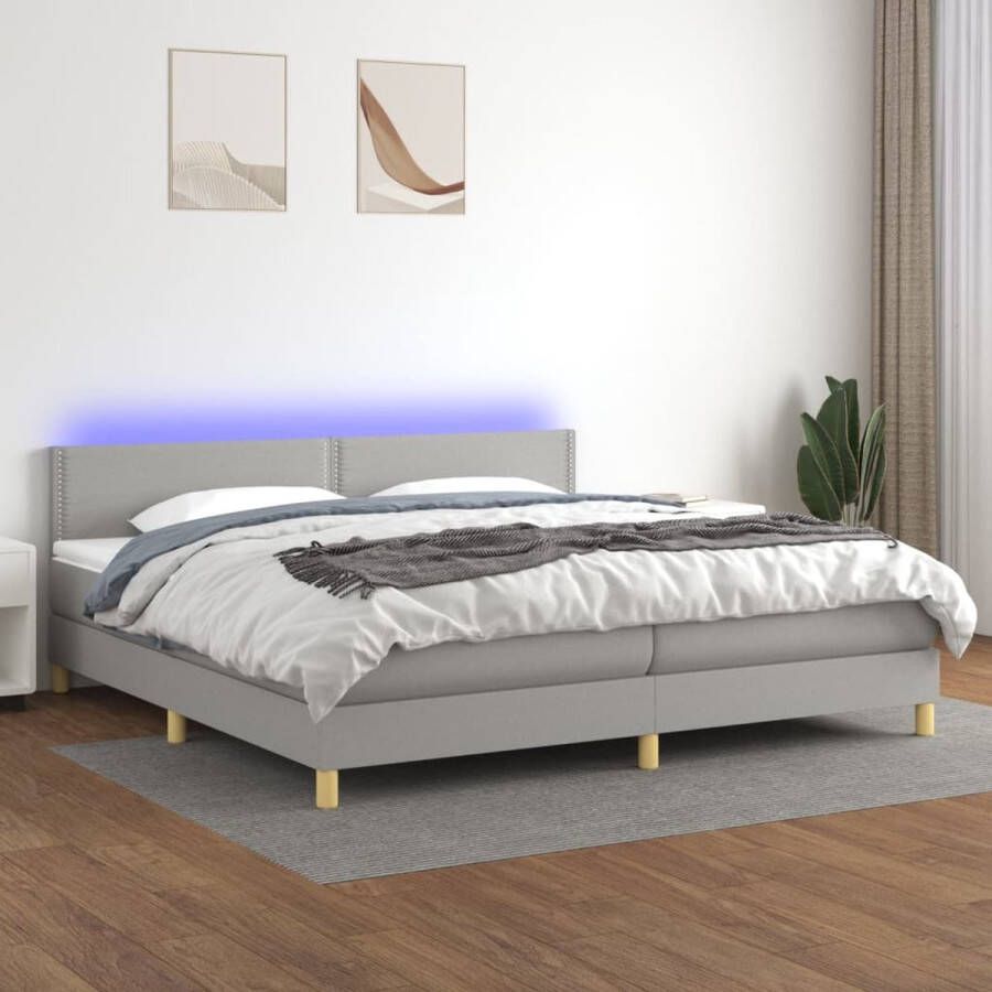 The Living Store Boxspring Lichtgrijs Stof 203x200x78 88 cm Verstelbaar hoofdbord LED-verlichting Pocketvering matras Huidvriendelijk topmatras Boxspring Slaapcomfort Led Verlichting Pocketed Veren Grijs Bed