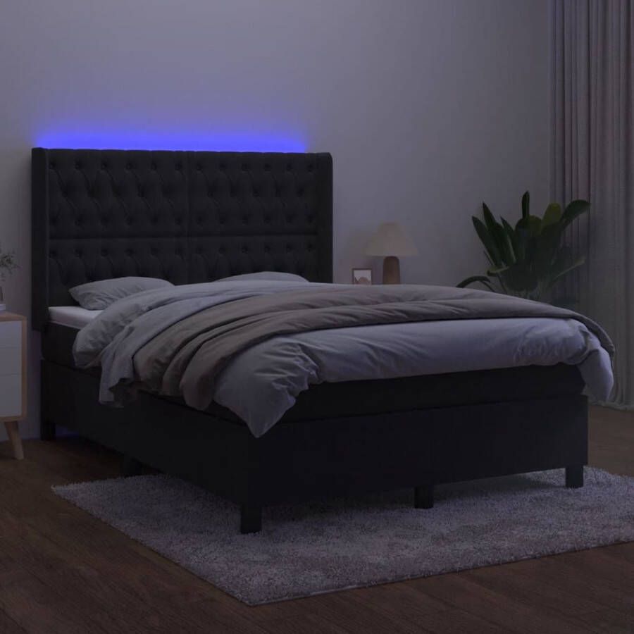 The Living Store Boxspring Luxe fluwelen bed 140x200 LED-verlichting Pocketvering matras Huidvriendelijk topmatras