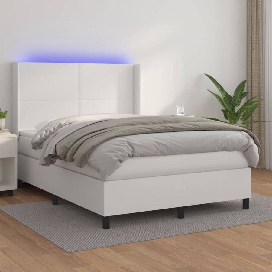 The Living Store Boxspring Luxe Kunstleren Bed 203 x 147 x 118 128 cm LED Pocketvering Matras Huidvriendelijk Topmatras Wit