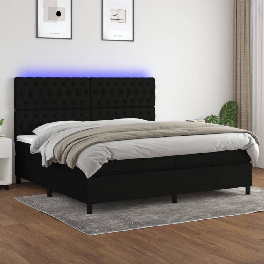 The Living Store Boxspring Luxe LED 203 x 200 x 118 128 cm Zwart Pocketvering matras Huidvriendelijk topmatras Kleurrijke LED-verlichting Montagehandleiding meegeleverd USB-aansluiting