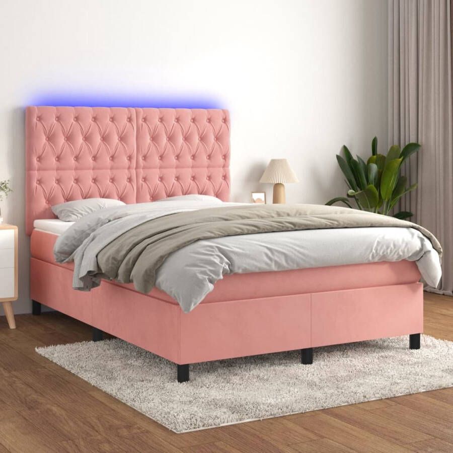 The Living Store Boxspring Luxe Roze fluweel LED verlichting 140x200cm Pocketvering matras