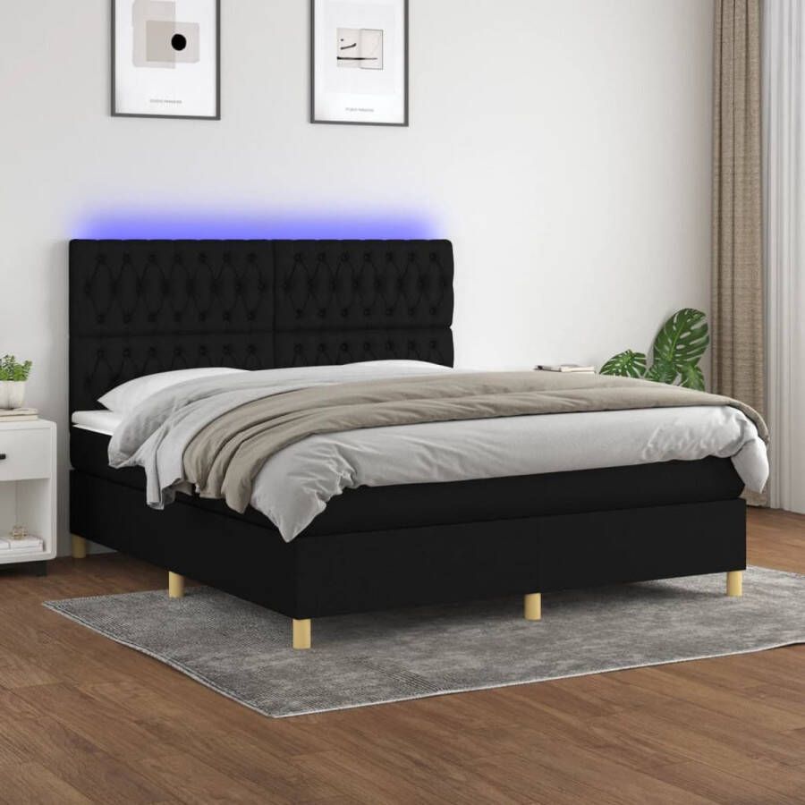 The Living Store Boxspring met matras en LED stof zwart 180x200 cm Boxspring Led Lamp Boxspring Matras Tweepersoons Bed Zwarte Boxspring