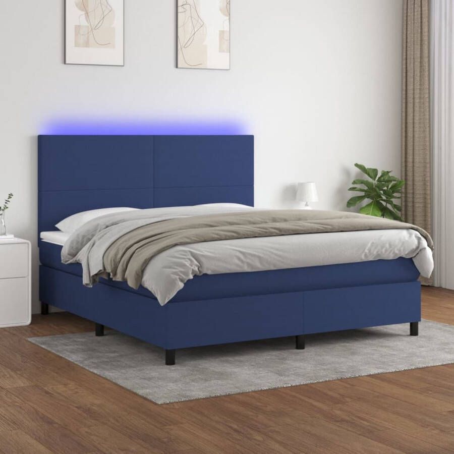 The Living Store Boxspring met LED 160x200 Blauw Pocketvering Matras Huidvriendelijke Topmatras