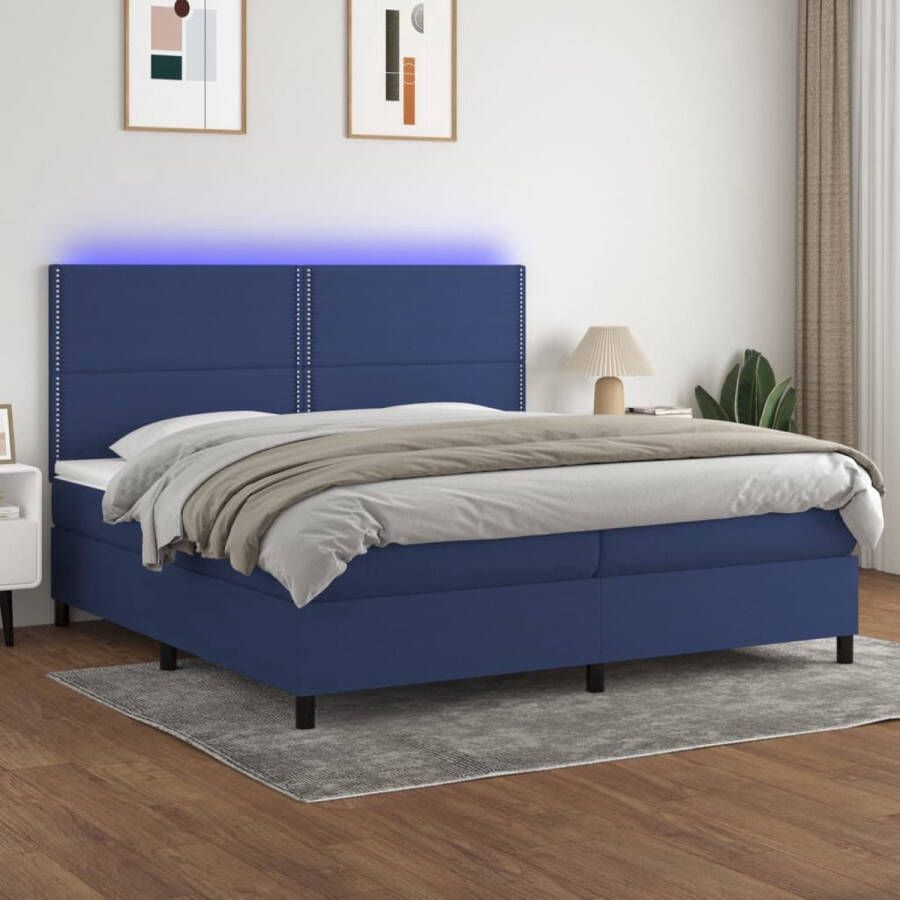 The Living Store Boxspring met matras en LED 203 x 200 x 118 128 cm blauw pocketvering matras huidvriendelijk topmatras verstelbaar hoofdbord kleurrijke LED-verlichting