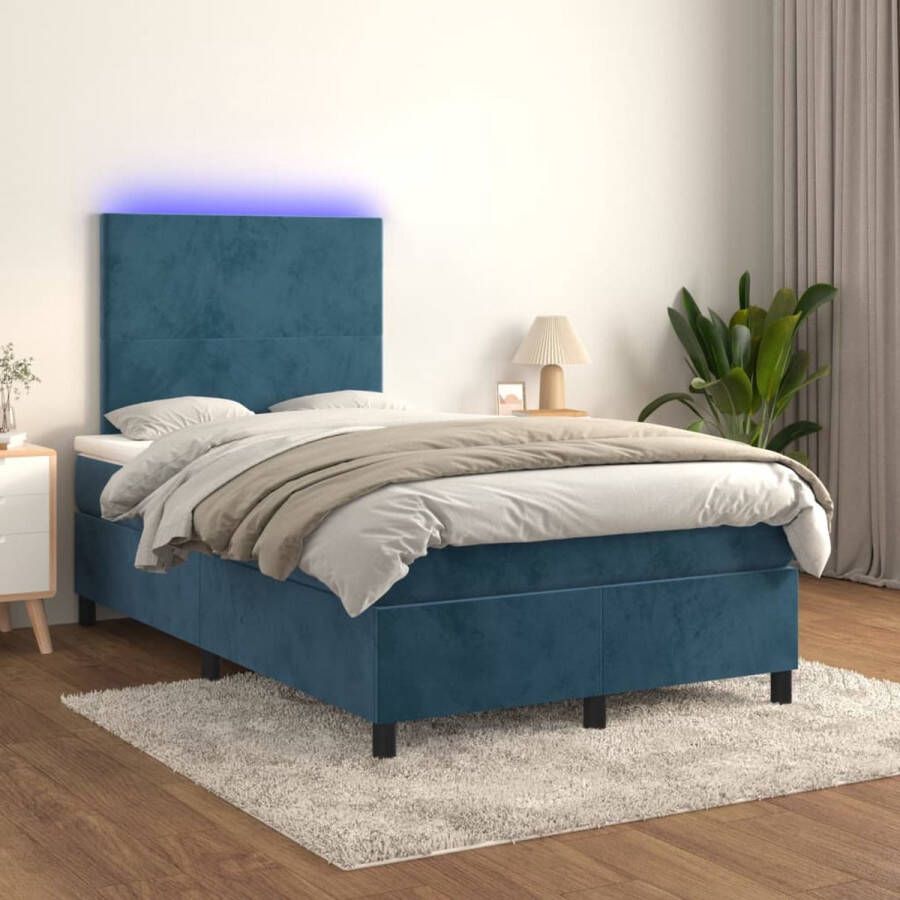 The Living Store Boxspring met matras en LED fluweel donkerblauw 120x200 cm Bed