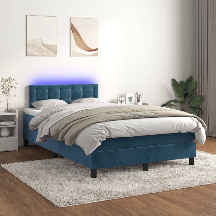 The Living Store Boxspring met matras en LED fluweel donkerblauw 120x200 cm Bed