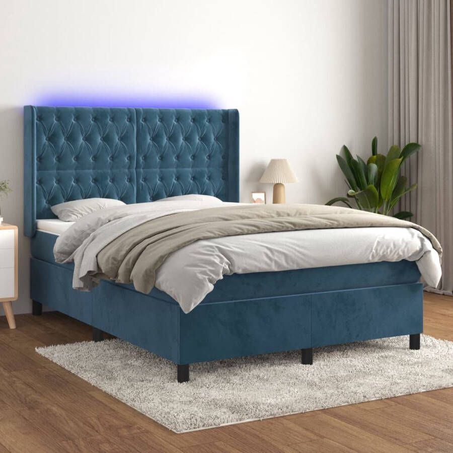 The Living Store Boxspring met matras en LED fluweel donkerblauw 140x190 cm Bed