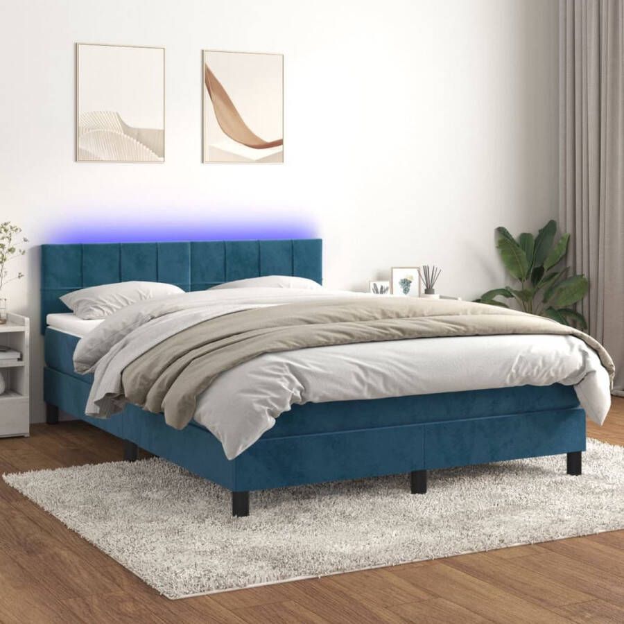 The Living Store Boxspring met matras en LED fluweel donkerblauw 140x200 cm Bed