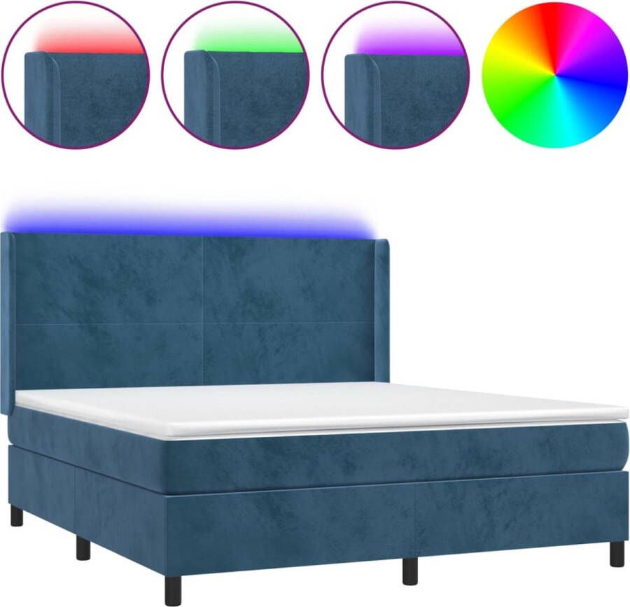 The Living Store Boxspring Fluweel Donkerblauw 203x163x128 cm Verstelbaar hoofdbord Kleurrijke LED-verlichting Pocketvering matras Huidvriendelijk topmatras Inclusief montagehandleiding USB-aansluiting
