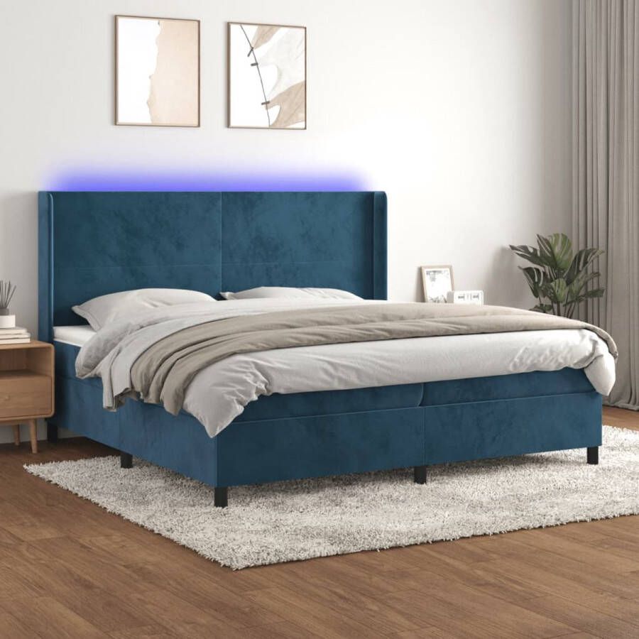 The Living Store Boxspring met matras en LED fluweel donkerblauw 200x200 cm Bed