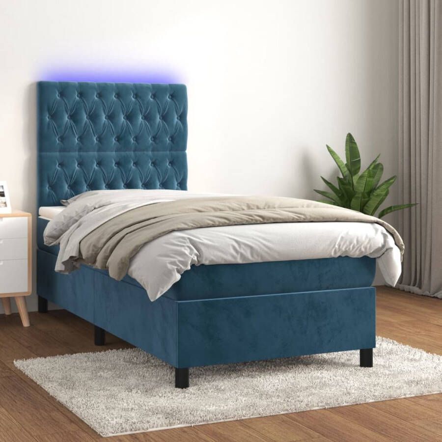 The Living Store Boxspring met matras en LED fluweel donkerblauw 90x200 cm Bed