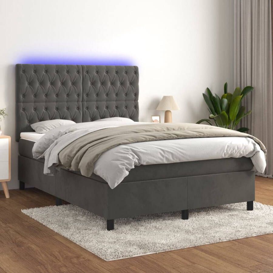 The Living Store Boxspring met matras en LED fluweel donkergrijs 140x200 cm Bed