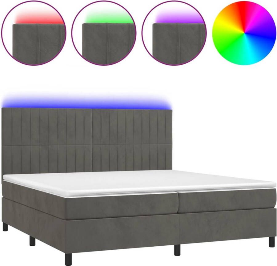 The Living Store Bed Boxspring 203 x 200 cm Zacht fluweel Verstelbaar hoofdbord Kleurrijke LED-verlichting Pocketvering matras Huidvriendelijk topmatras Inclusief montagehandleiding