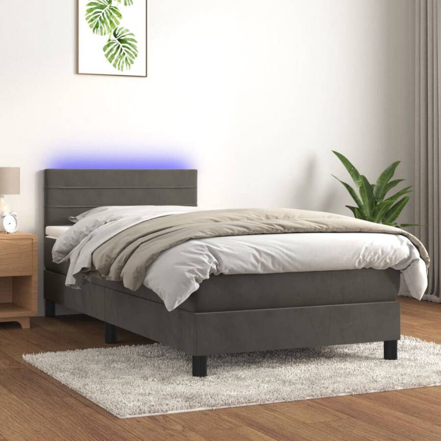 The Living Store Bed Luxe boxspring met LED 203x90x78 88 cm Donkergrijs Fluwelen stof