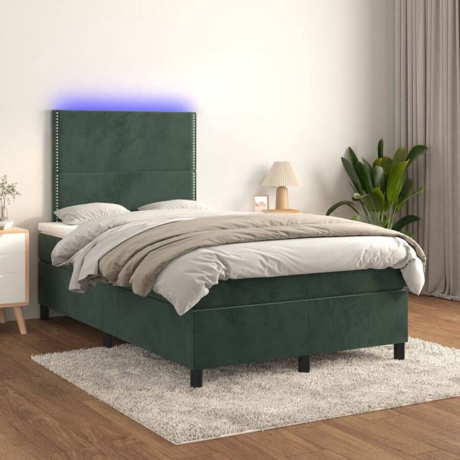 The Living Store Boxspring met matras en LED fluweel donkergroen 120x200 cm Bed