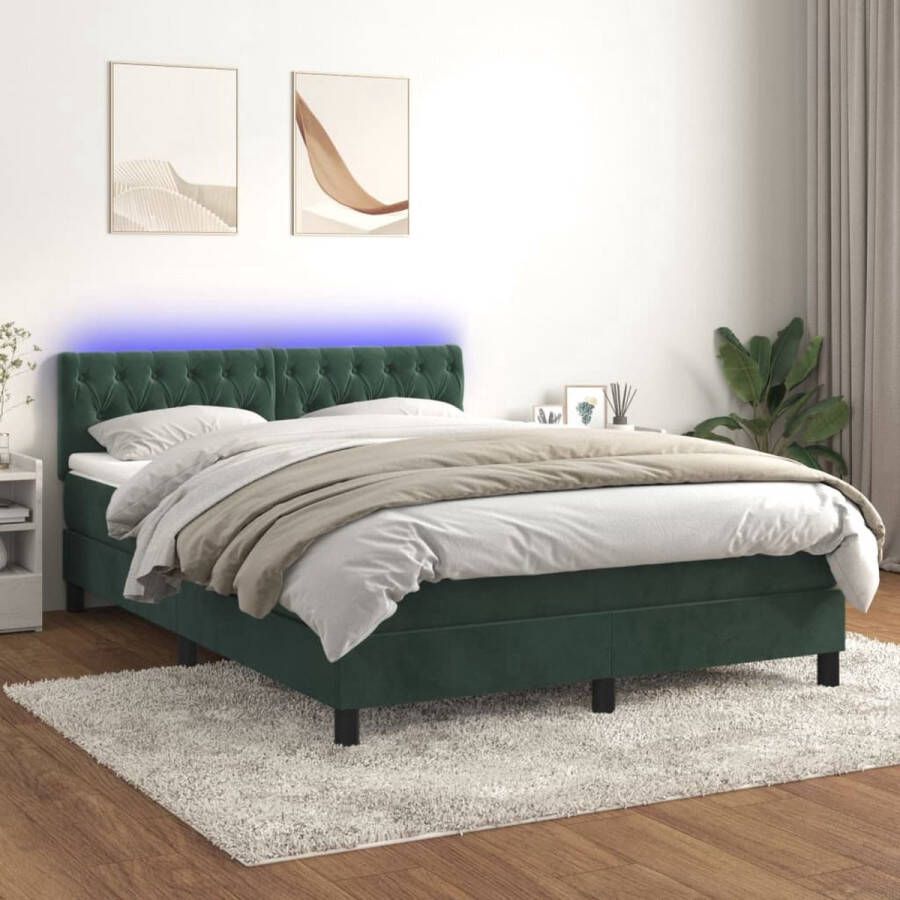 The Living Store Boxspring met matras en LED fluweel donkergroen 140x190 cm Bed