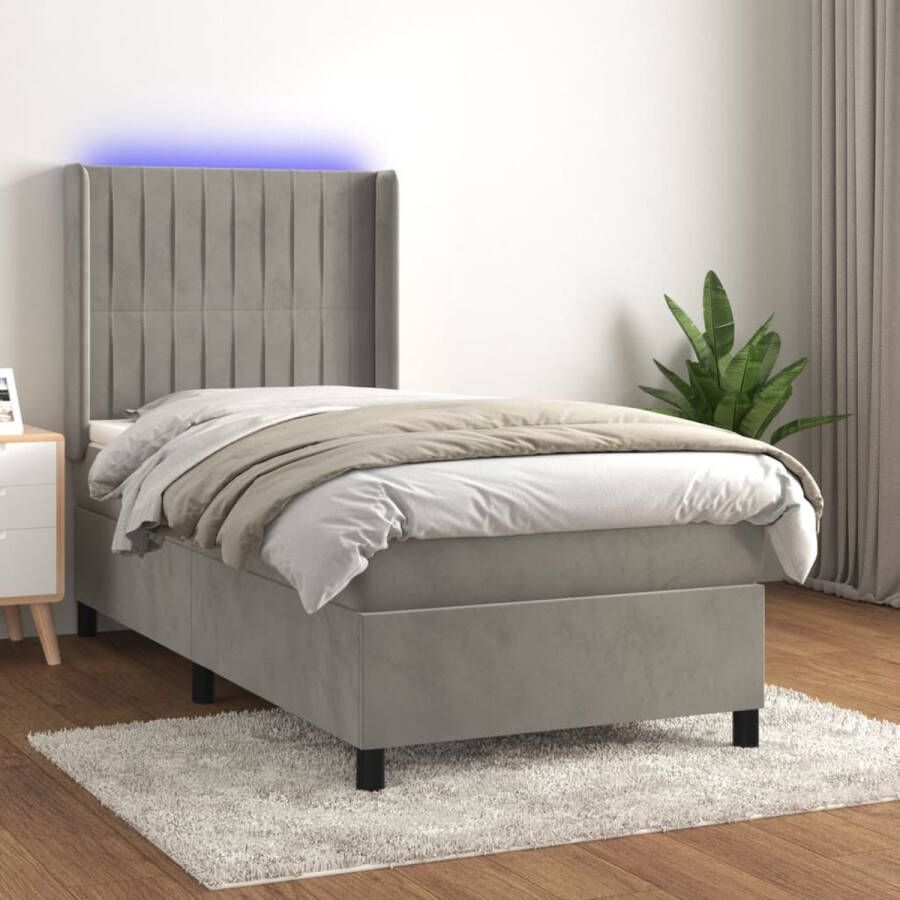 The Living Store Boxspring met matras en LED fluweel lichtgrijs 100x200 cm Bed
