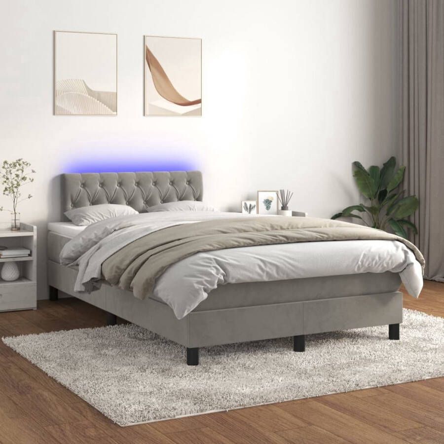 The Living Store Boxspring met matras en LED fluweel lichtgrijs 120x200 cm Bed