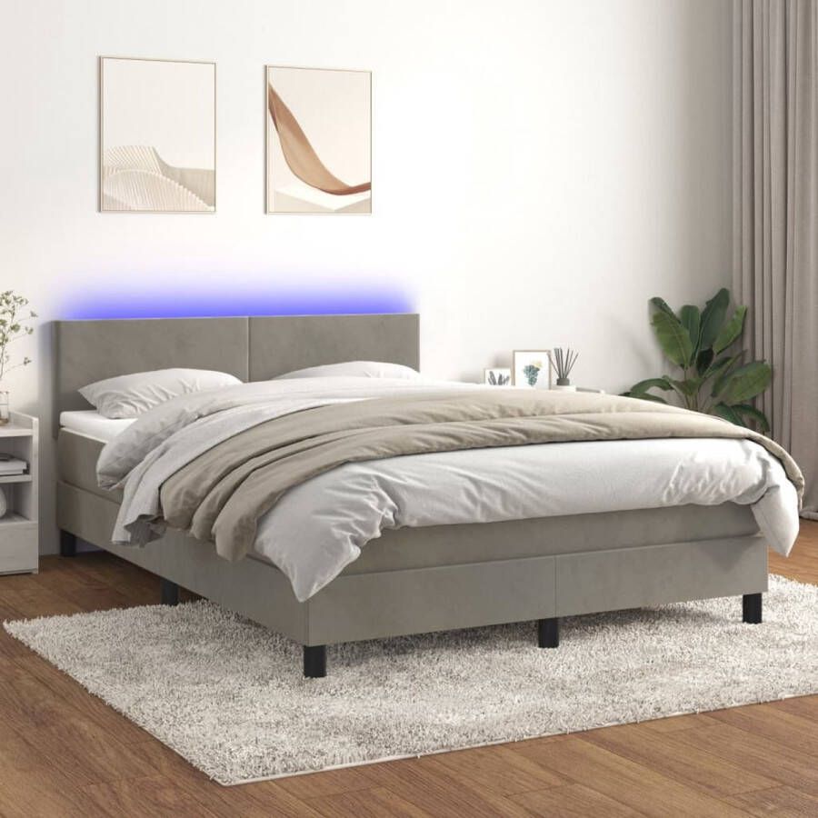 The Living Store Boxspring met matras en LED fluweel lichtgrijs 140x190 cm Bed