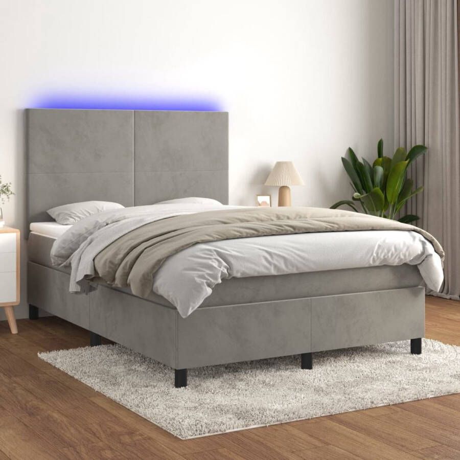 The Living Store Boxspring met matras en LED fluweel lichtgrijs 140x190 cm Bed