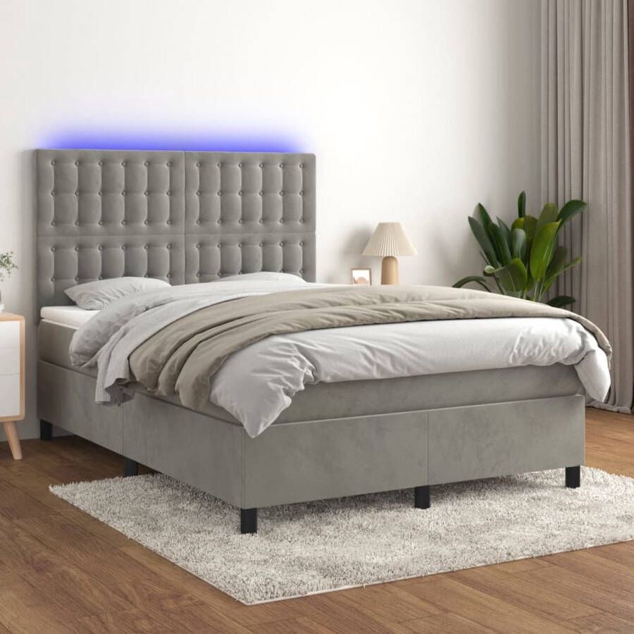 The Living Store Boxspring met matras en LED fluweel lichtgrijs 140x200 cm Boxspring Tweepersoonsbed Led Lamp Velvet Bed Grijs Bed