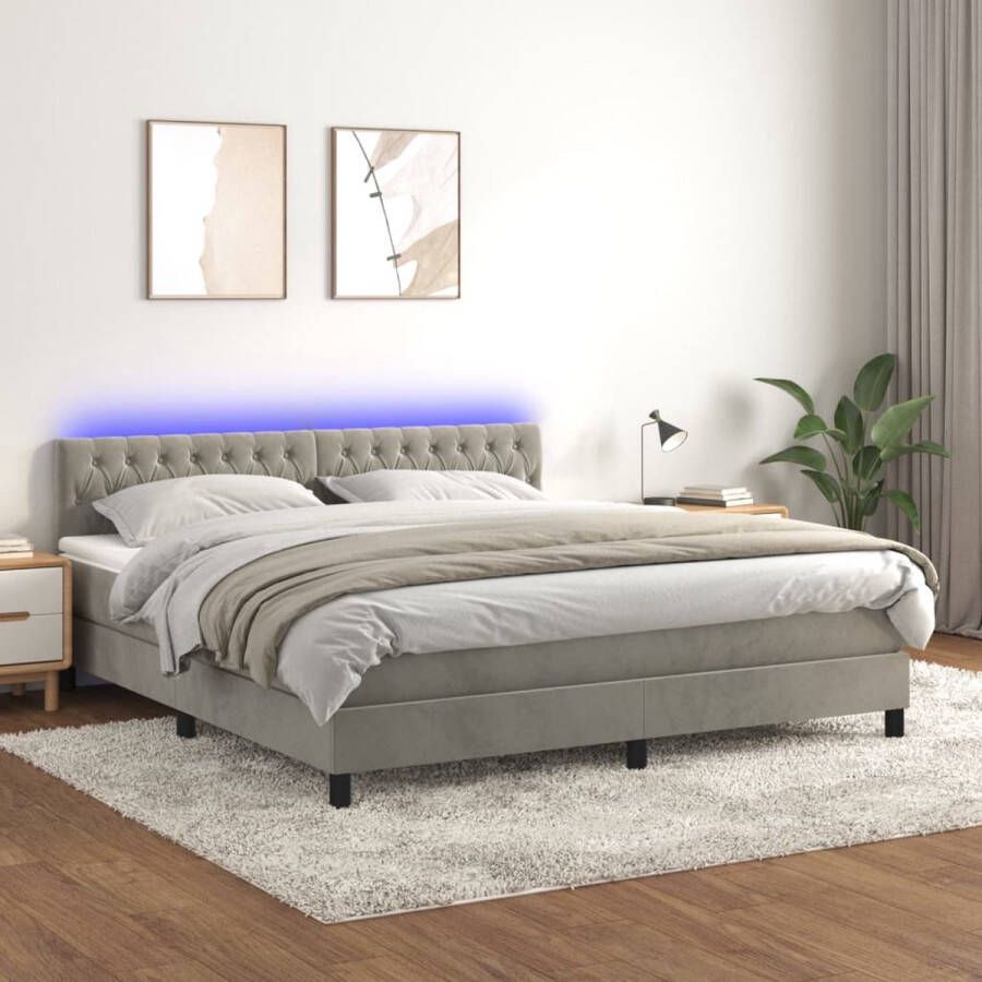 The Living Store Boxspring met matras en LED fluweel lichtgrijs 160x200 cm Bed