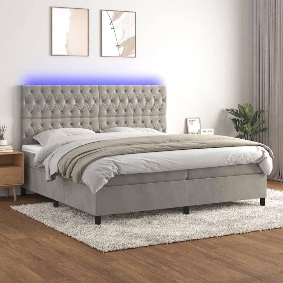 The Living Store Boxspring met matras en LED fluweel lichtgrijs 200x200 cm Bed