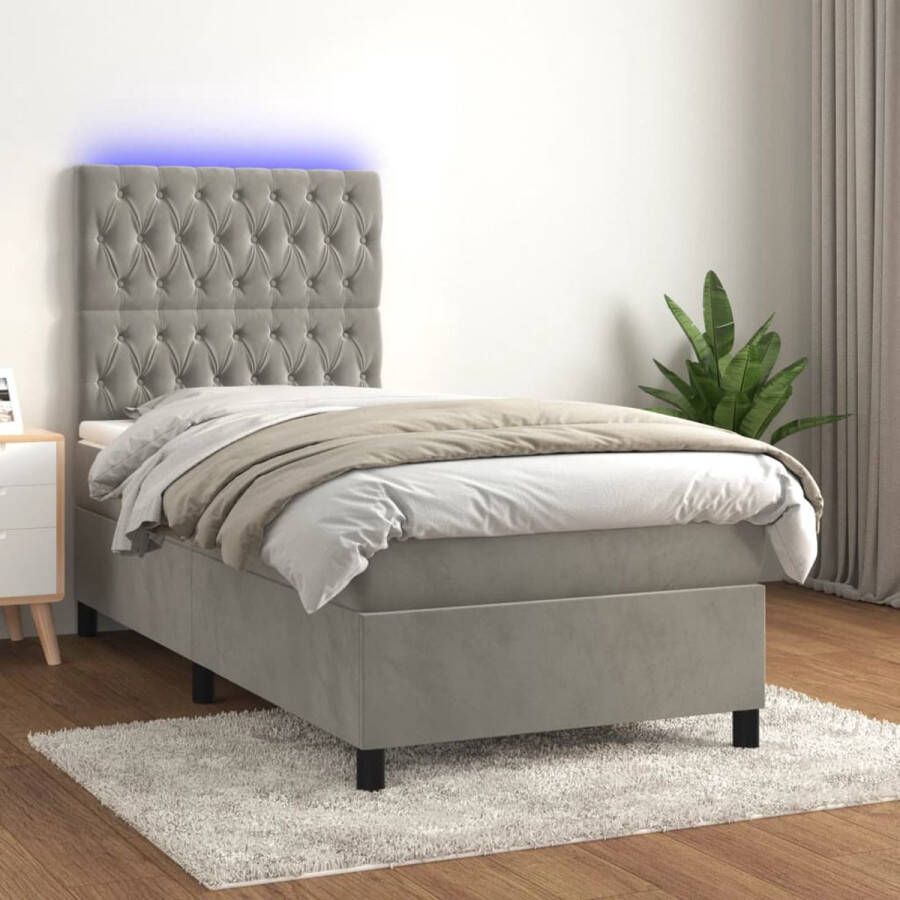 The Living Store Boxspring met matras en LED fluweel lichtgrijs 90x190 cm Bed