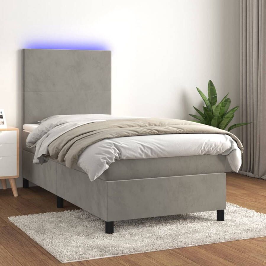 The Living Store Boxspring met matras en LED fluweel lichtgrijs 90x200 cm Bed