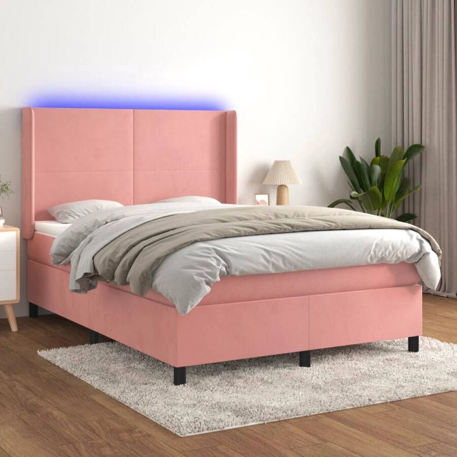 The Living Store Boxspring met matras en LED fluweel roze 140x190 cm Bed