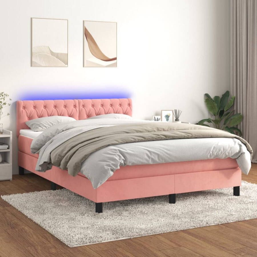 The Living Store Bed Fluweel LED Pocketvering Topmatras Roze 203x144x78 88cm