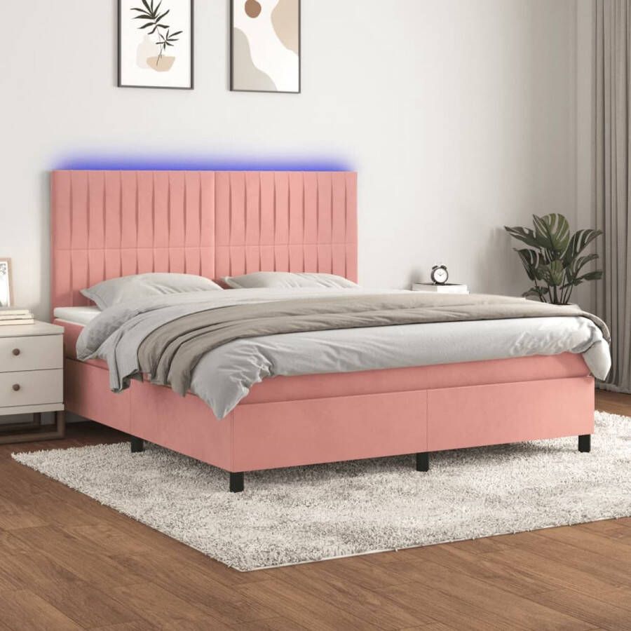 The Living Store Bed Comfort Boxspring 160x200 cm Roze Fluweel met LED Boxspring Bed Rozenkleurig Velvet Led Lamp
