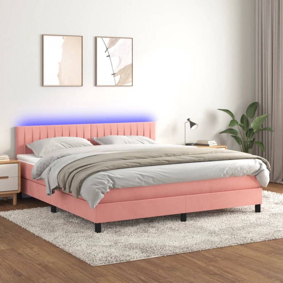 The Living Store Boxspring met matras en LED fluweel roze 180x200 cm Bed