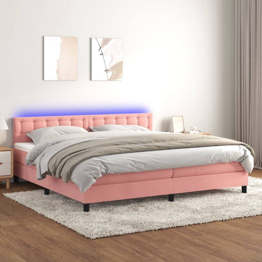 The Living Store Boxspring met matras en LED fluweel roze 200x200 cm Bed