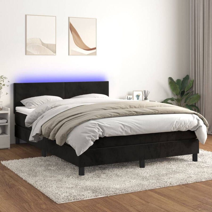 The Living Store Boxspring met matras en LED fluweel zwart 140x190 cm Bed