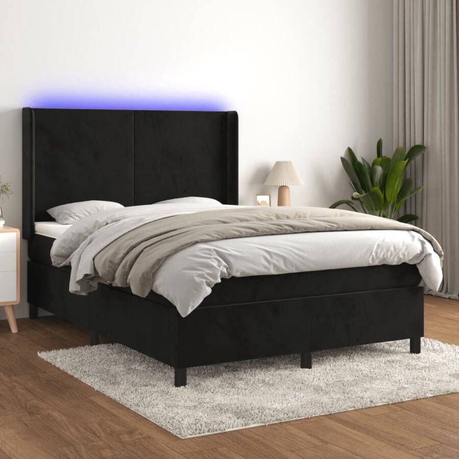 The Living Store Boxspring met matras en LED fluweel zwart 140x190 cm Bed