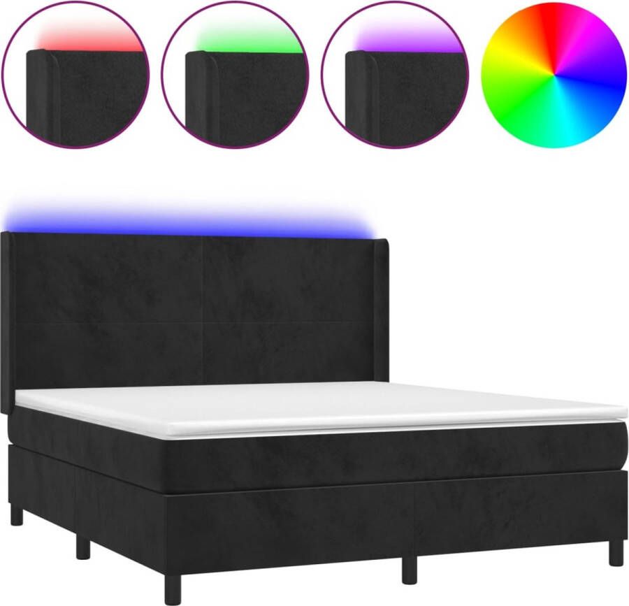 The Living Store Boxspring Bed met Matras en LED Verlichting Fluweel Zwarte Kleur 203x183x118 128 cm 180x200x20 cm Matras 180x200x5 cm Topmatras Lengte 55 cm LED-strips IP65