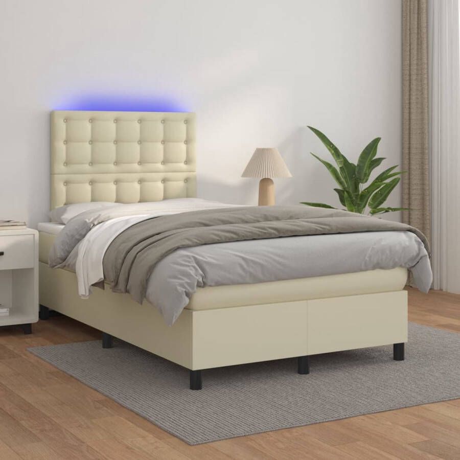 The Living Store Boxspring Crème Kunstleer 203 x 120 x 118 128 cm Met verstelbaar hoofdbord Kleurrijke LED-verlichting Pocketvering matras Huidvriendelijk topmatras Inclusief montagehandleiding USB-aansluiting