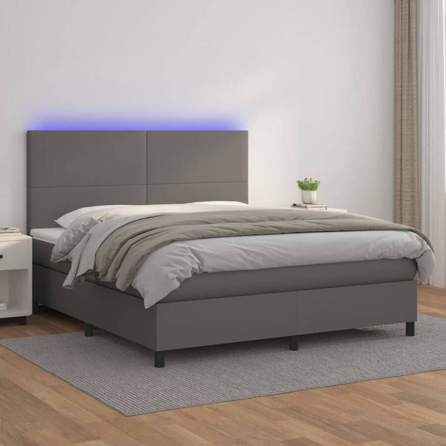 The Living Store Boxspring met matras en LED kunstleer grijs 160x200 cm Boxspring Led Bed Slaapcomfort King Size Bed Tweepersoonsbed