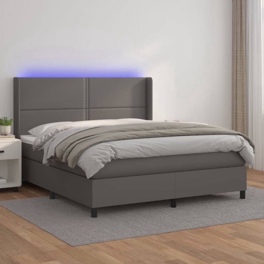 The Living Store Boxspring met matras en LED kunstleer grijs 160x200 cm Bed