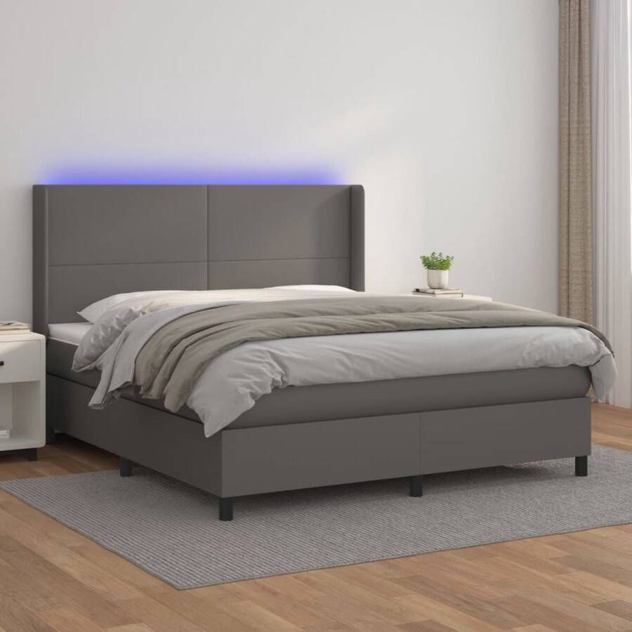 The Living Store Bed Nevada Boxspring 180x200 LED verlichting Pocketvering matras Huidvriendelijk topmatras Grijs