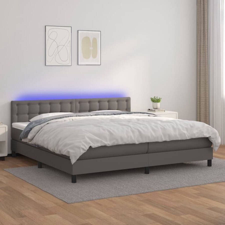 The Living Store Boxspring met matras en LED kunstleer grijs 200x200 cm Boxspring Boxsprings Bed Slaapmeubel Boxspringbed Boxspring Bed Tweepersoonsbed Bed Met Matras Bedframe Ledikant Bed Met LED