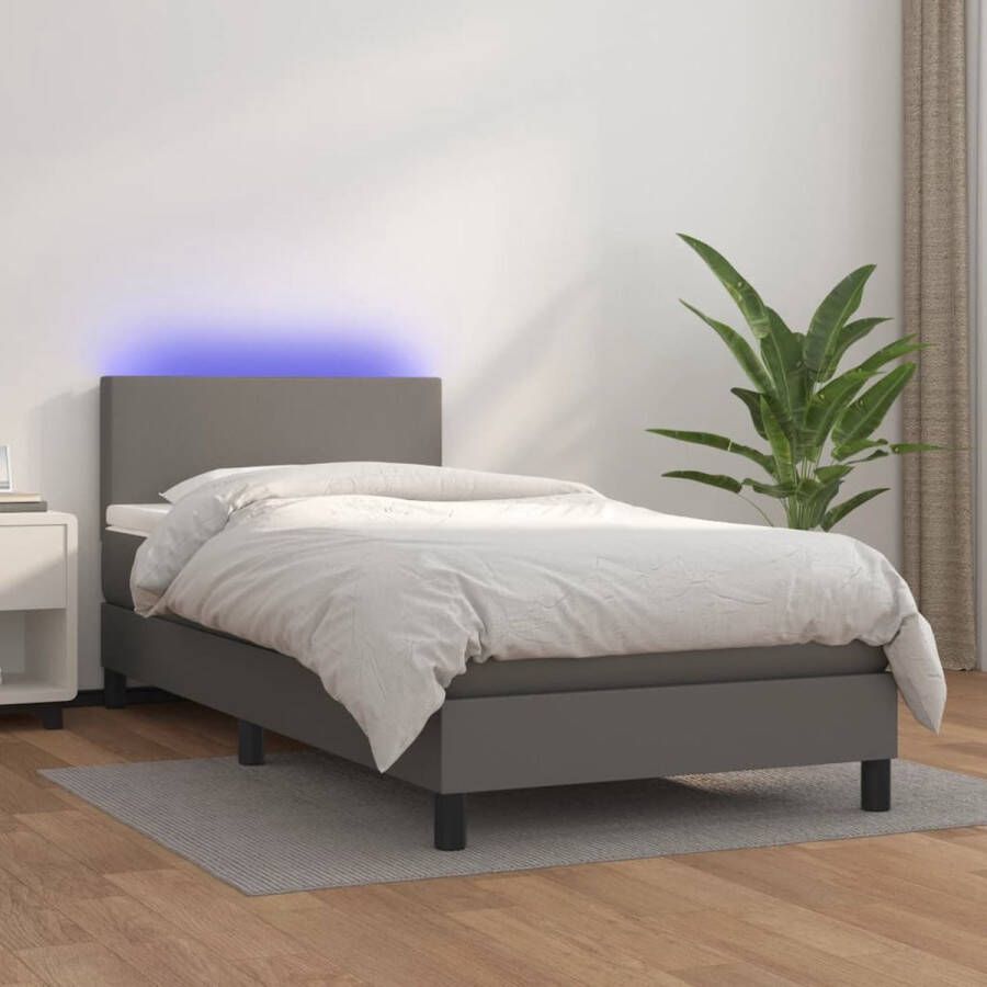 The Living Store Boxspring met matras en LED kunstleer grijs 80x200 cm Bed