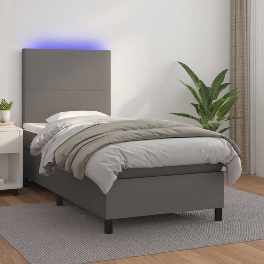 The Living Store Boxspring met matras en LED kunstleer grijs 90x190 cm Boxspring Boxsprings Bed Slaapmeubel Boxspringbed Boxspring Bed Tweepersoonsbed Bed Met Matras Bedframe Ledikant Bed Met LED